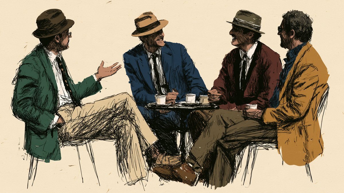 Illustration of four men in hats and blazers chatting around a cafe table