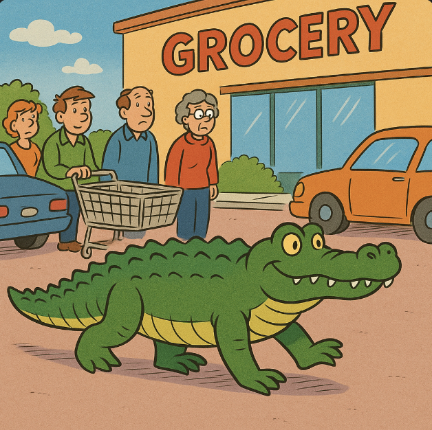 A humorous cartoon of a large alligator strolling through a grocery store parking lot with bemused shoppers watching - Vibrant colors, cartoon style with exaggerated content. An art style mix of Family Circus and The Jetsons.