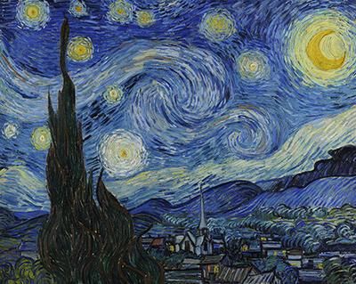 A swirling blue night sky with a bright crescent moon over a small village, and a dark cypress rising in front