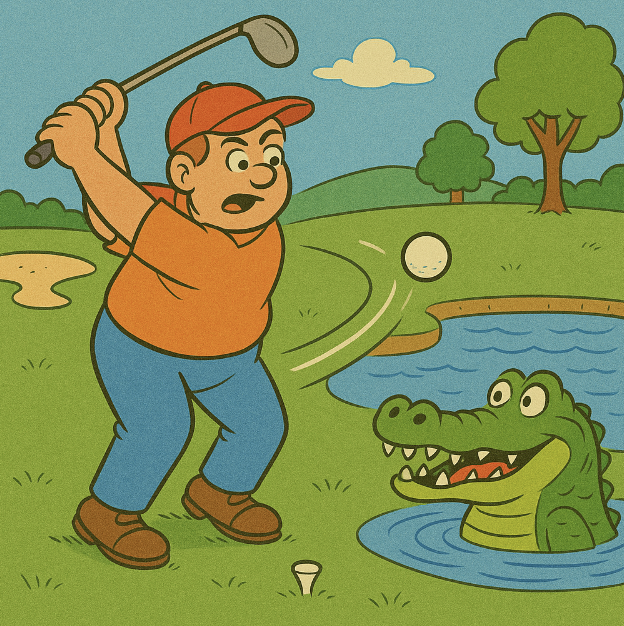 A cartoon of a golfer swinging a club near a watchful alligator in a pond - Vibrant colors, cartoon style with exaggerated content. An art style mix of Family Circus and The Jetsons.