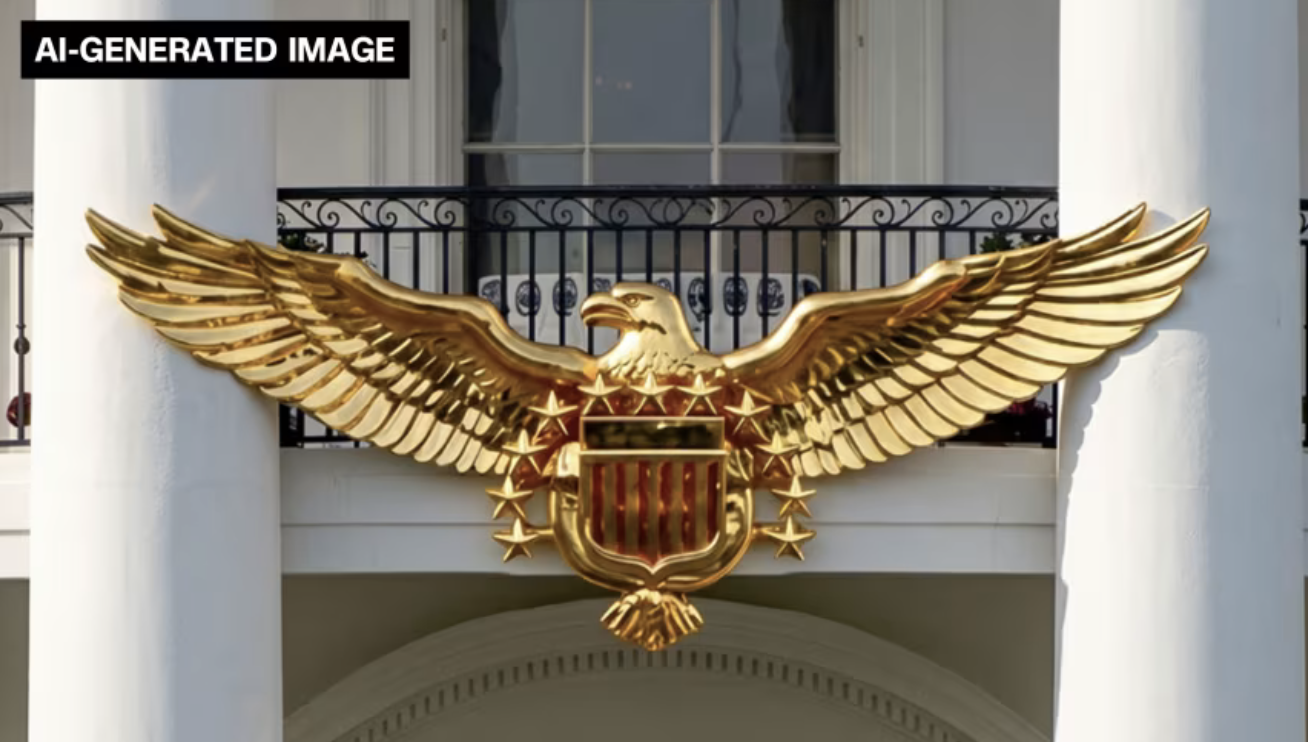 A golden eagle the size of a small car bolted to the White House balcony, with 11 stars because AI can’t count