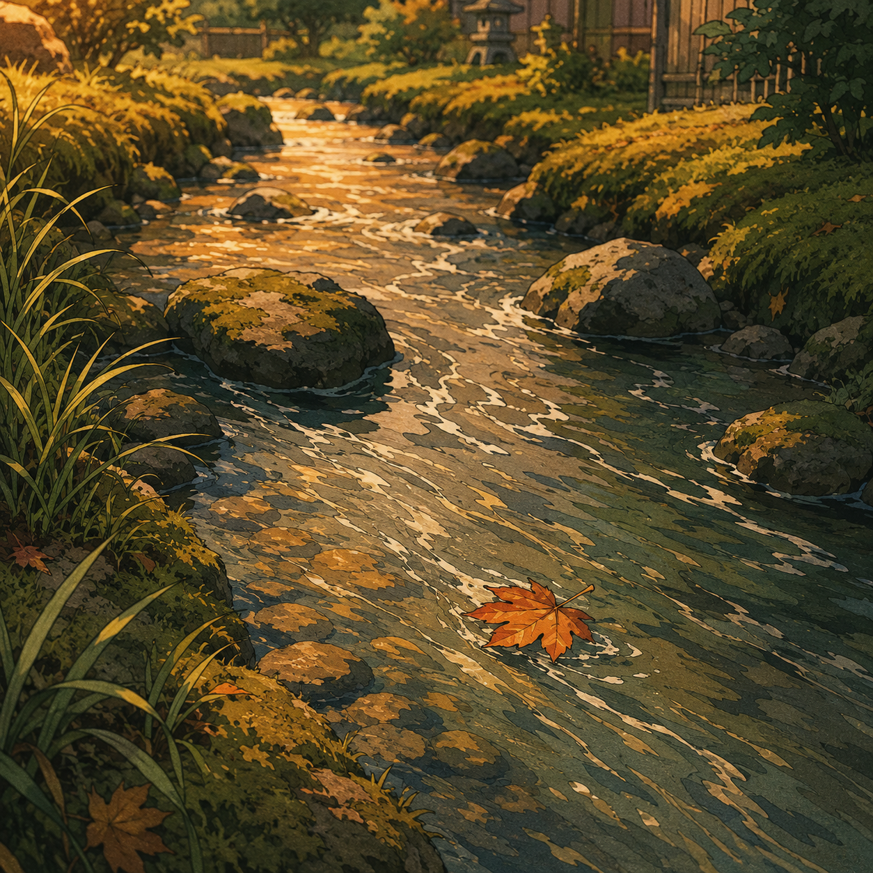 A vintage Showa-era anime landscape of a small, calm stream flowing clearly in one direction downstream through a quiet Japanese garden. Gentle ripples and current-lines all lean the same way past a few mossy stones, and a single fallen leaf rides the current, making the direction unmistakable. Warm late-afternoon light from the upper left catches the ripple tops in apricot glints. The mnemonic for 順 (order, sequence) made visible — water that never fights its own current, going in order, one direction, downstream.