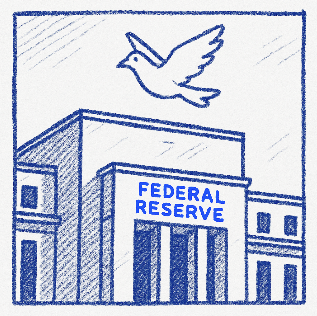 A symbolic image of a Federal Reserve building with a dove flying overhead, representing potential rate cuts, in a serious yet hopeful tone.