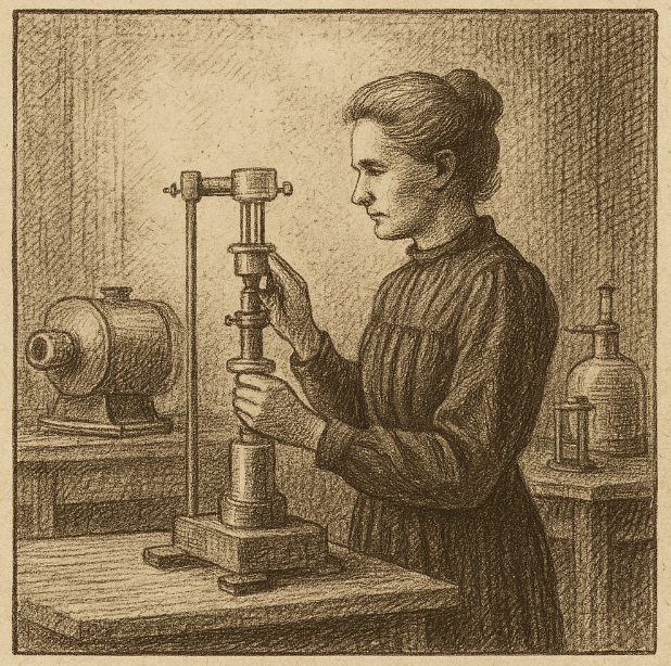 Marie Curie in her laboratory with early radiation apparatus