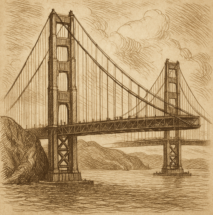 Sepia-toned ink drawing of early Golden Gate Bridge construction in 1930s, showing towers and suspension cables, cross-hatched on aged paper
