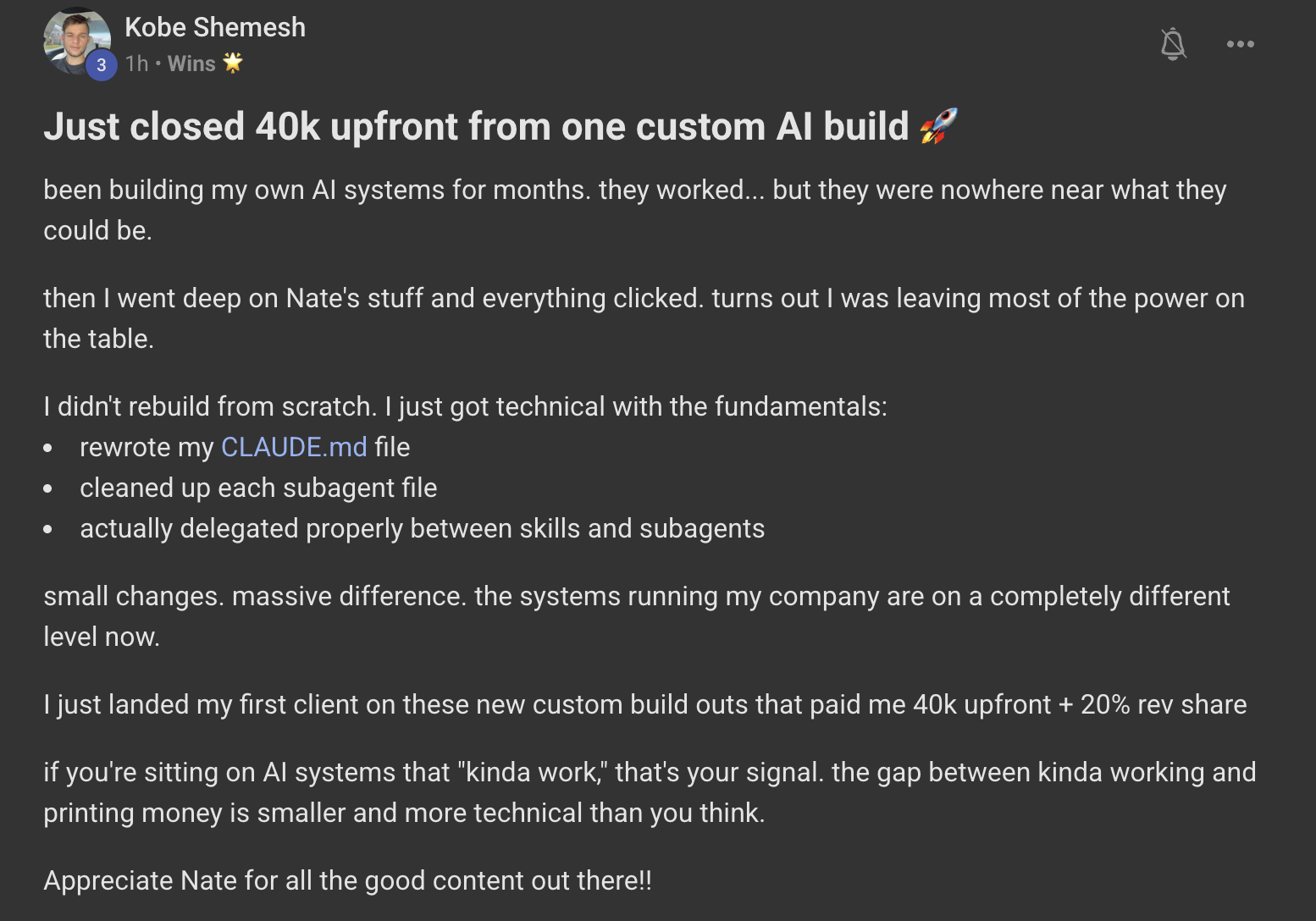 Kobe Shemesh win post: closed 40k upfront from one custom AI build