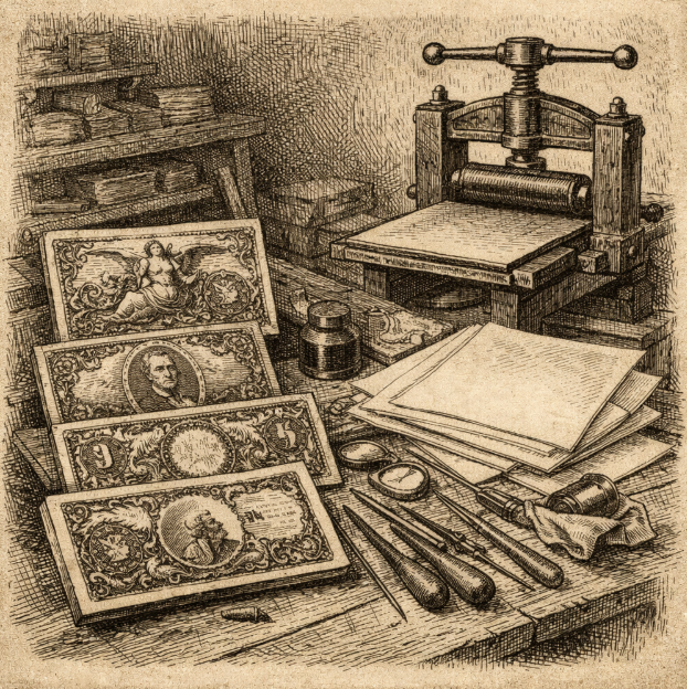 Vintage workshop table with early paper money printing plates, engraving tools, and blank sheets, no people or text