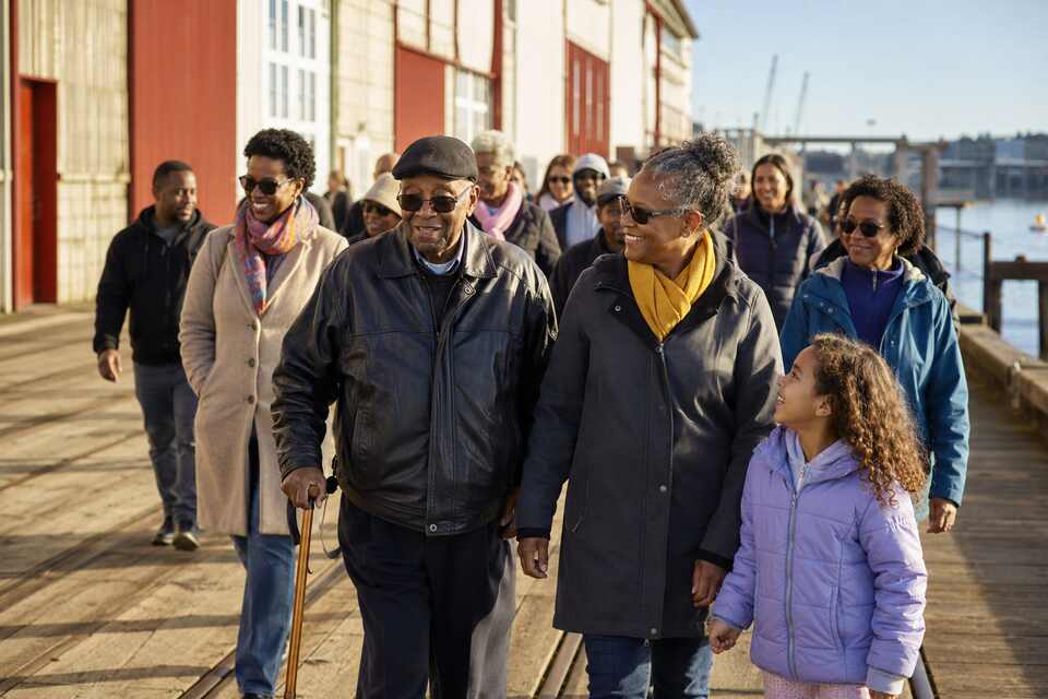 A multigenerational community walk supporting Black seniors at Britannia Shipyards in Richmond BC