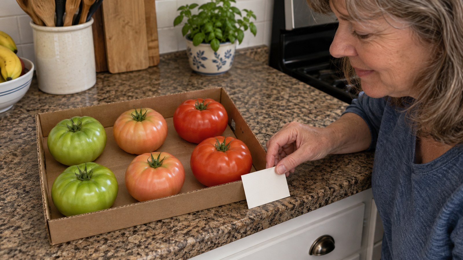 A shallow cardboard tray on an ordinary kitchen counter with six sound full-size tomatoes, green pale pink and ripe, in one spaced layer, a woman in her50s putting a small blank date note beside it. No window or sun required.