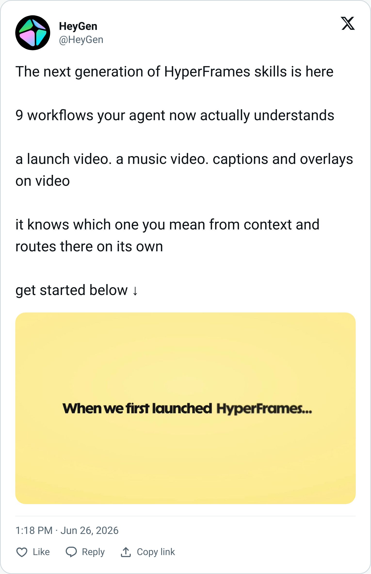 HeyGen tweet announcing the HyperFrames update