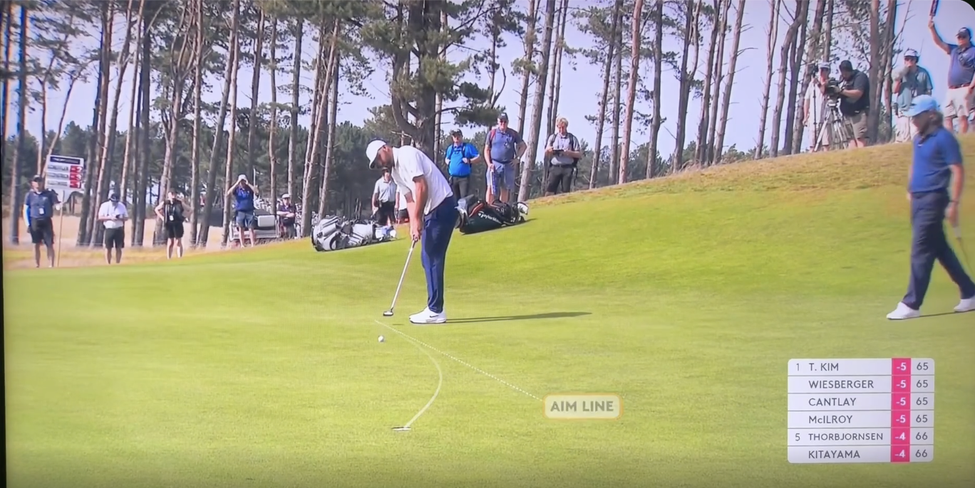 Scottie lining up a putt against the broadcast AI aim line