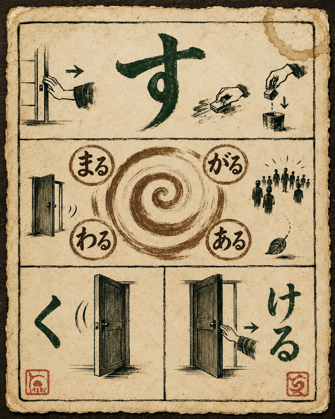 A vintage 1970s Japanese hand-illustrated reference card on aged cream paper, divided into three horizontal zones. The top zone shows a bold matcha-green calligraphic す surrounded by hand-stamped silhouettes of actions performed on objects. The middle zone shows a coffee-brown spiral surrounded by the kana まる がる わる ある and silhouettes of things changing on their own. The bottom zone is split between two identical doors — one opening by itself with the kana く, one being pushed open by a hand with the kana ける. Faded red hanko ink-stamps mark the corners. Designed as a phone-screenshottable reference for the Three Patterns of Japanese transitive and intransitive verbs.
