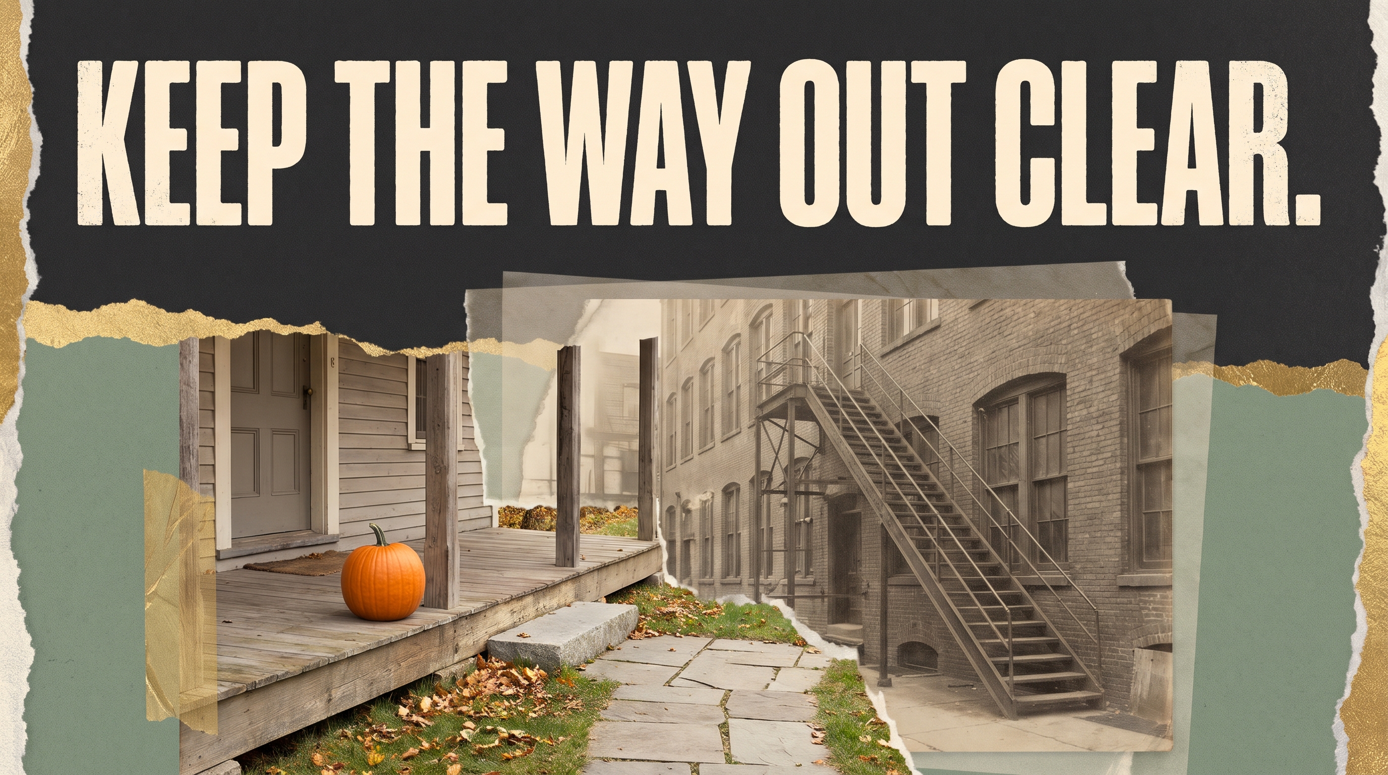 Illustrative documentary collage: Simple front porch with pumpkin and clear walking path in foreground, faded archival 1911 New York factory staircase at back, documentary look, no people in danger or flames.