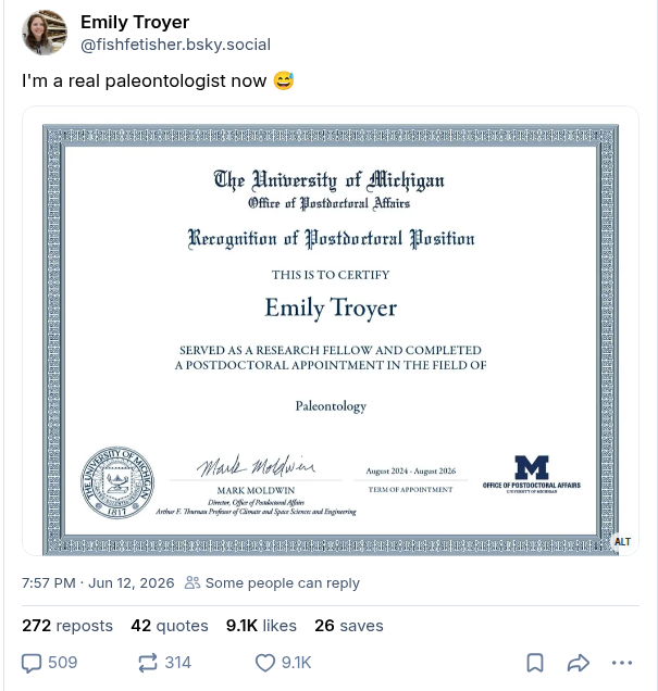 Bluesky post by Emily Troyer showing a certificate recognizing her postdoctoral position