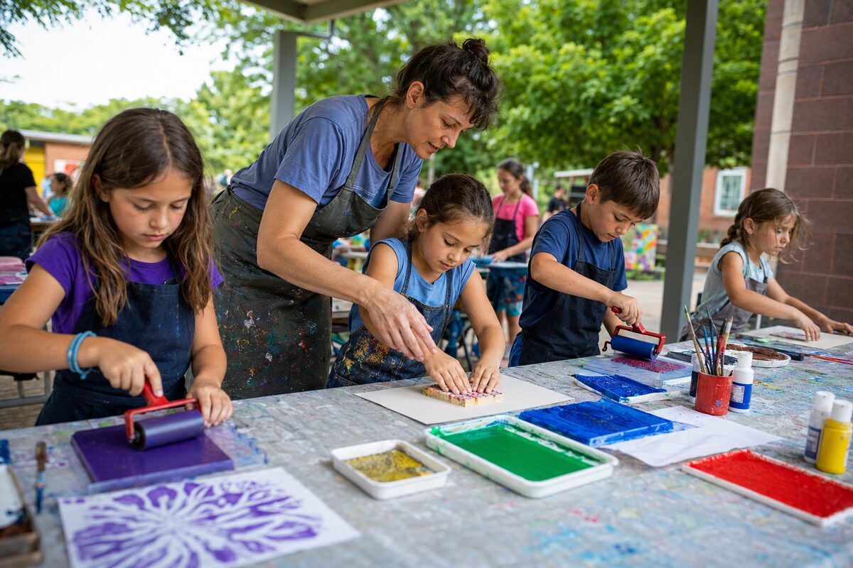 Children using rollers and colourful ink to make prints at an outdoor art table