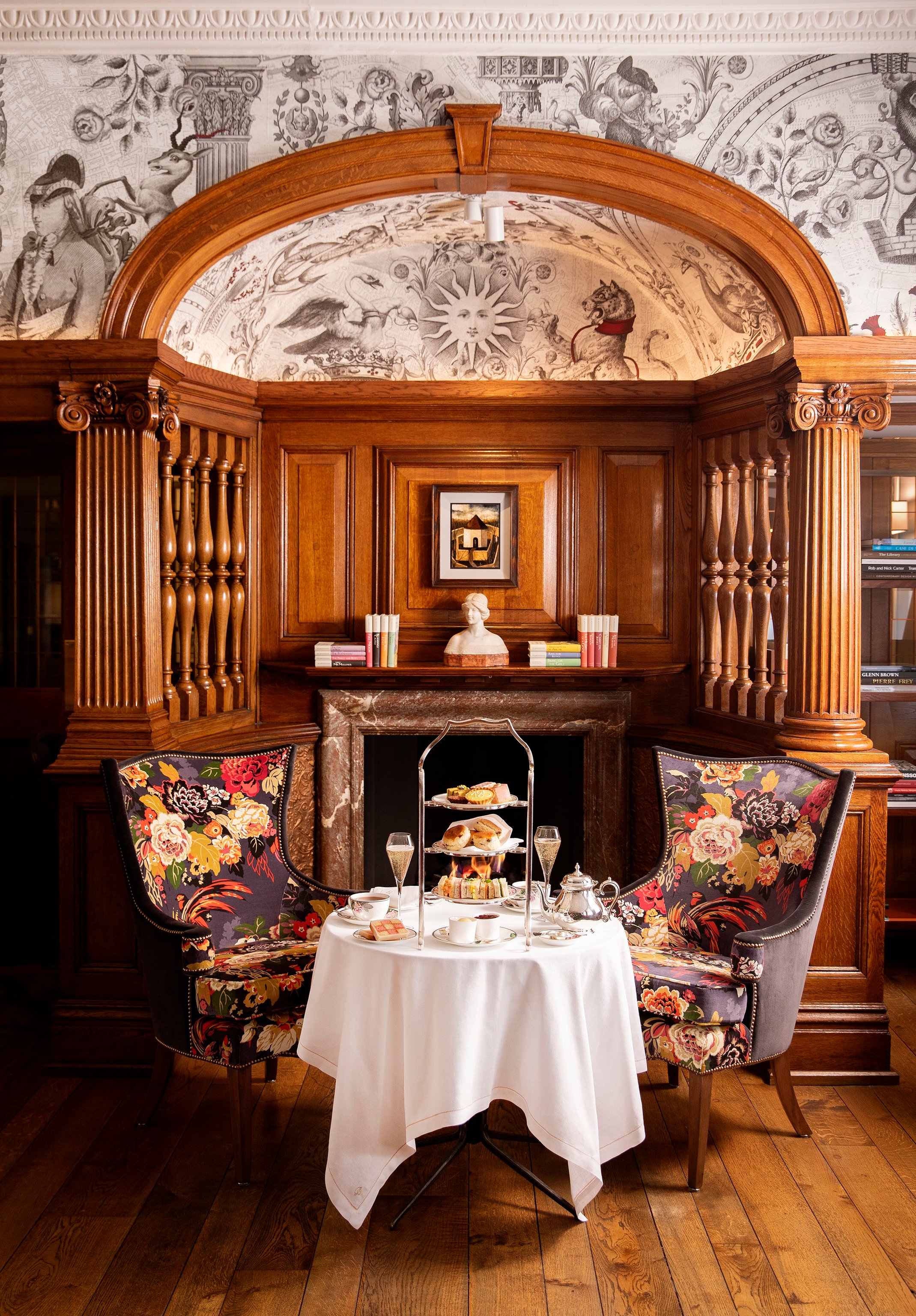 Afternoon tea setting in Brown’s Hotel’s wood-paneled Drawing Room