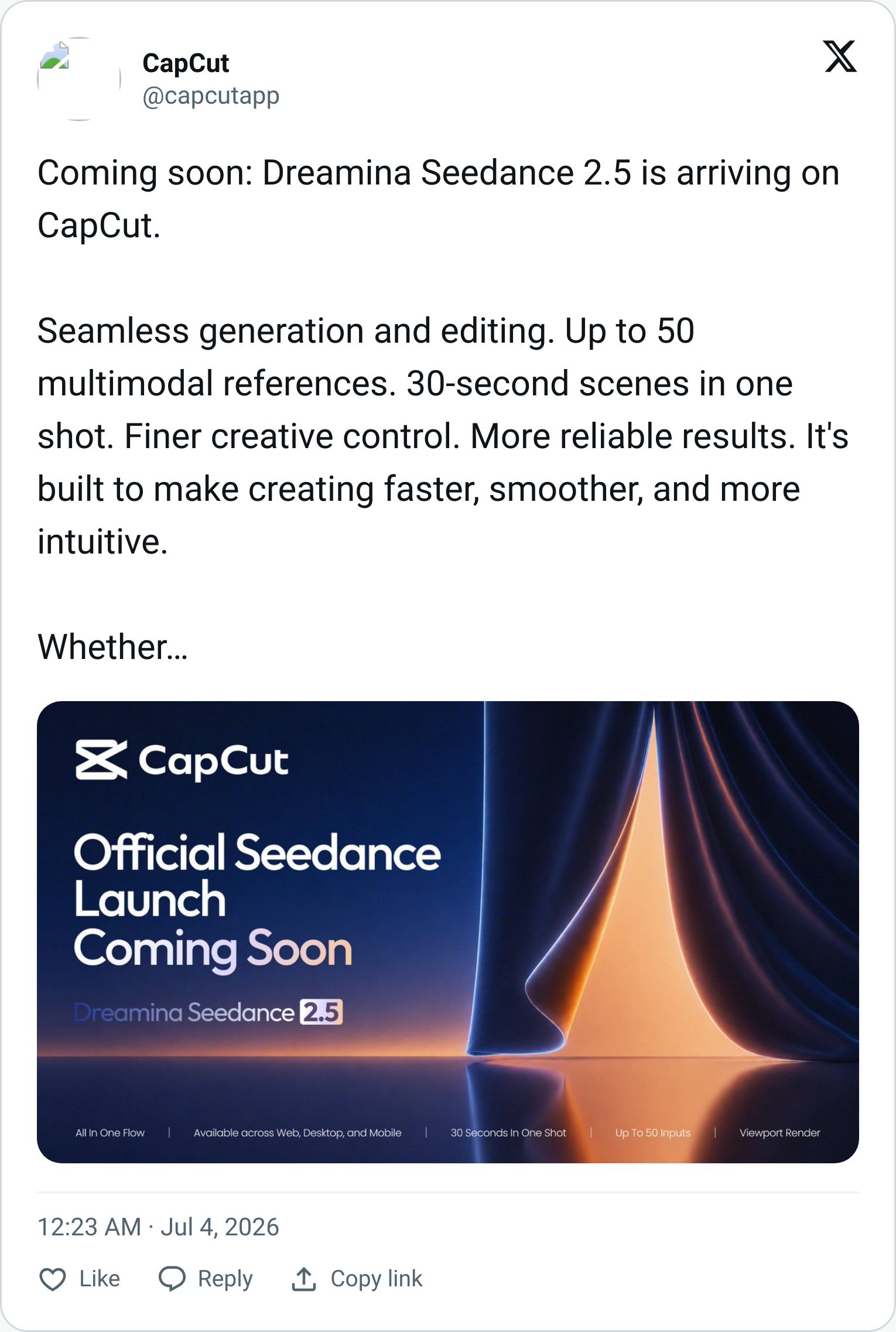 CapCut tweet teasing Seedance 2.5