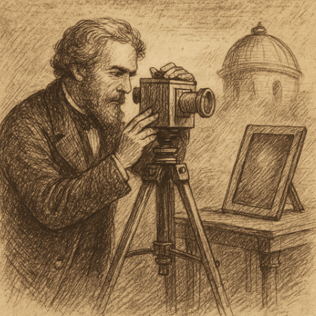Sepia sketch of an astronomer holding a glass-plate camera, early photograph era