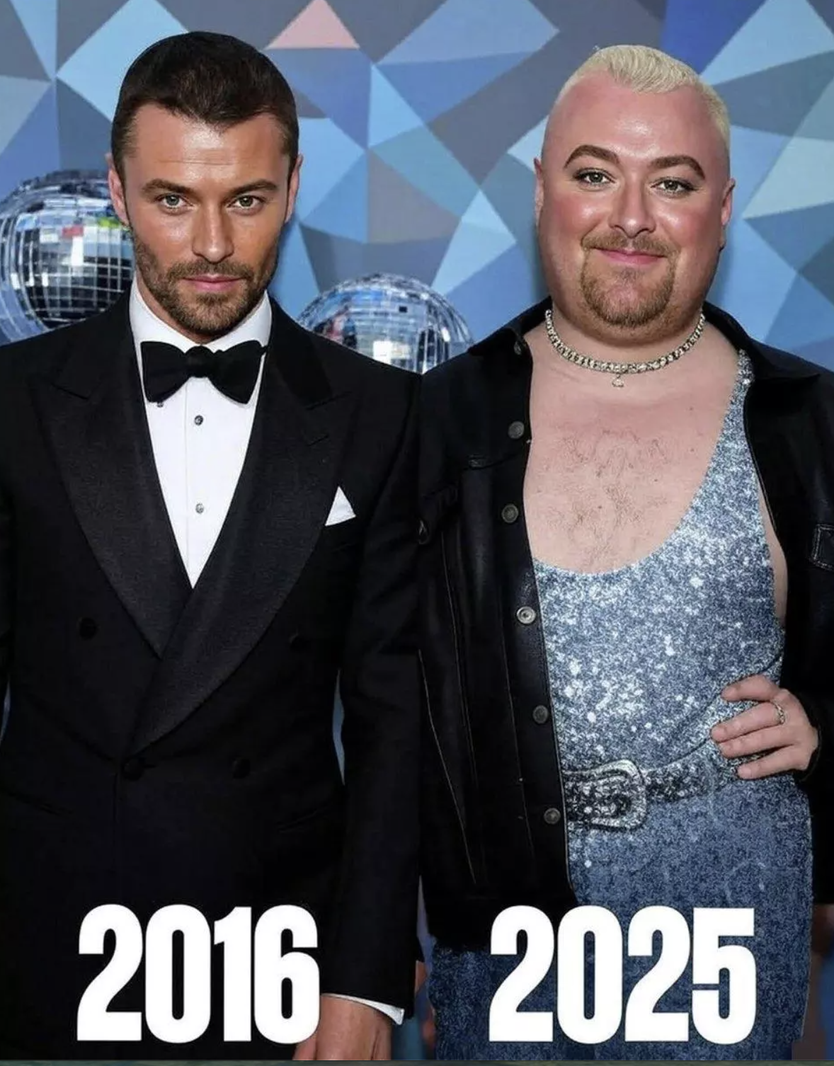 Two images claiming to show a musician's appearance years apart, both built entirely with AI rather than drawn from real photographs