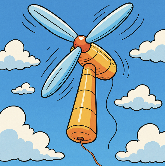 A cartoonish inflatable wind turbine hovering over a cityscape, exaggerated with vibrant colors - Vibrant colors, cartoon style with exaggerated content. An art style mix of Family Circus and The Jetsons.