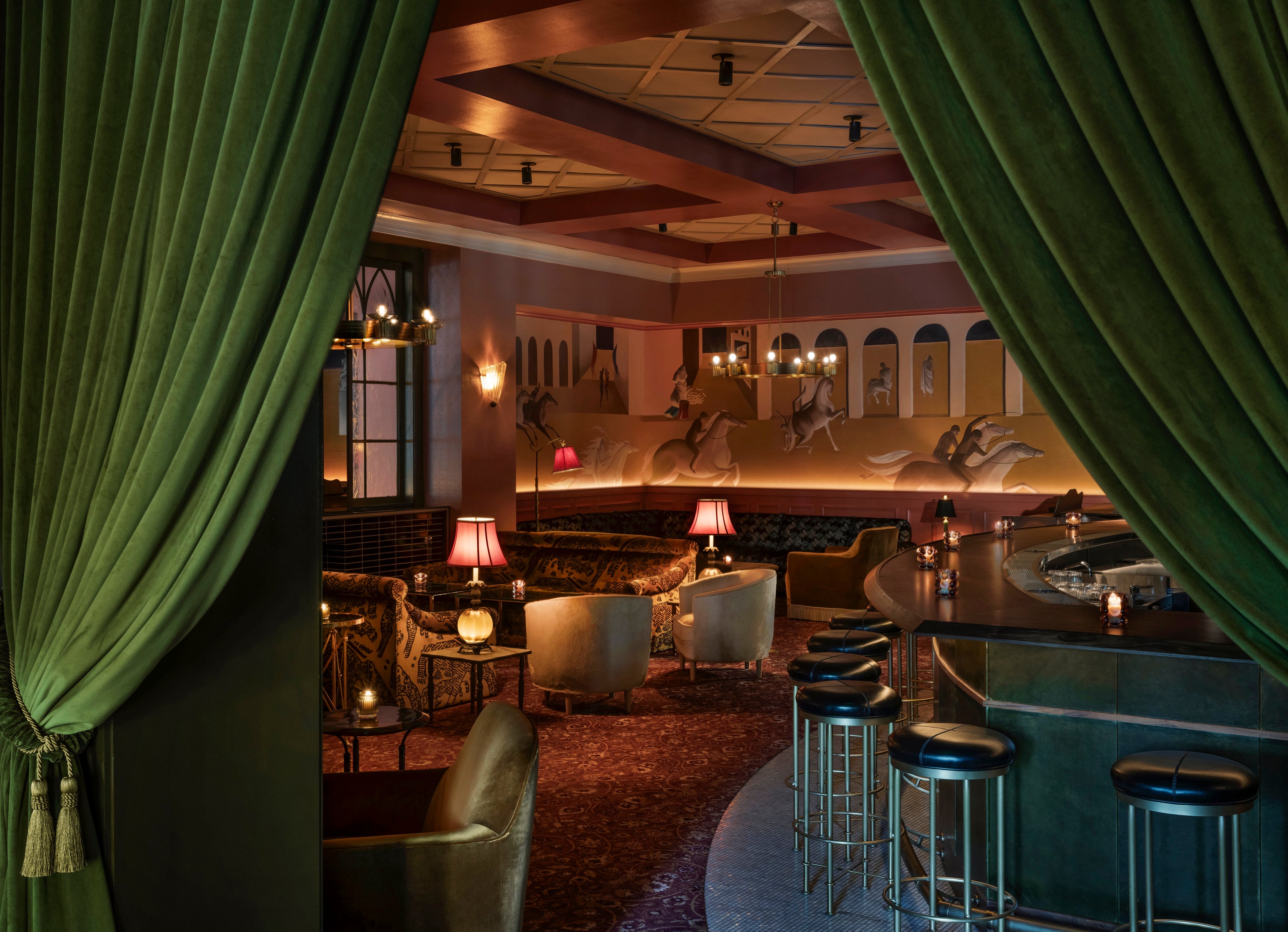 Green curtains and upholstered bar seating at Forth Atlanta