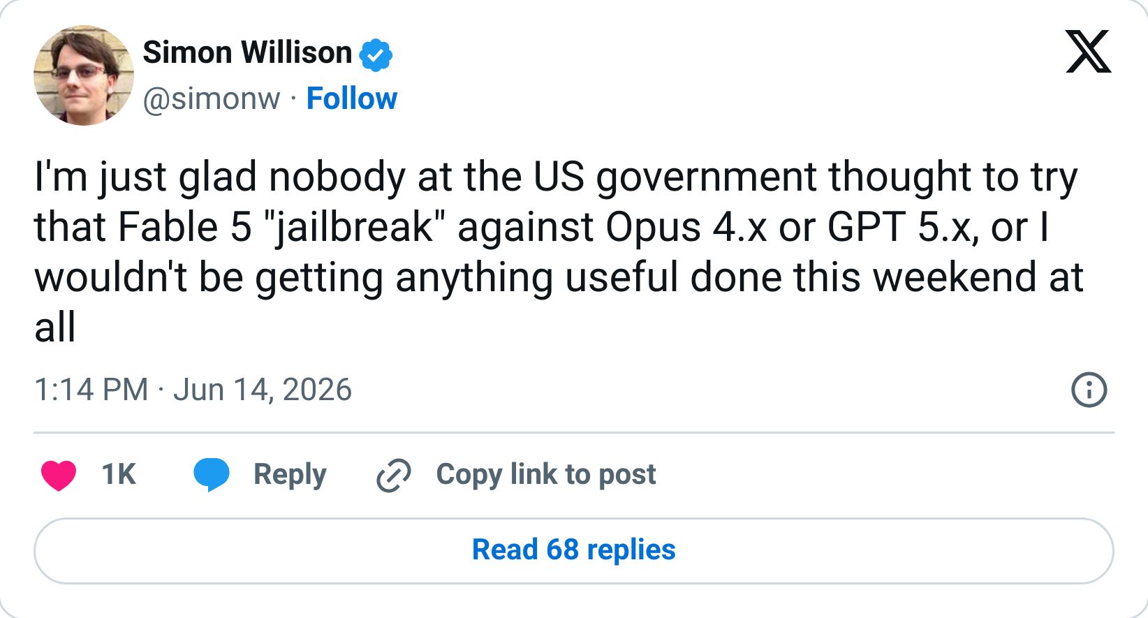 Simon Willison tweet analyzing the Fable 5 takedown