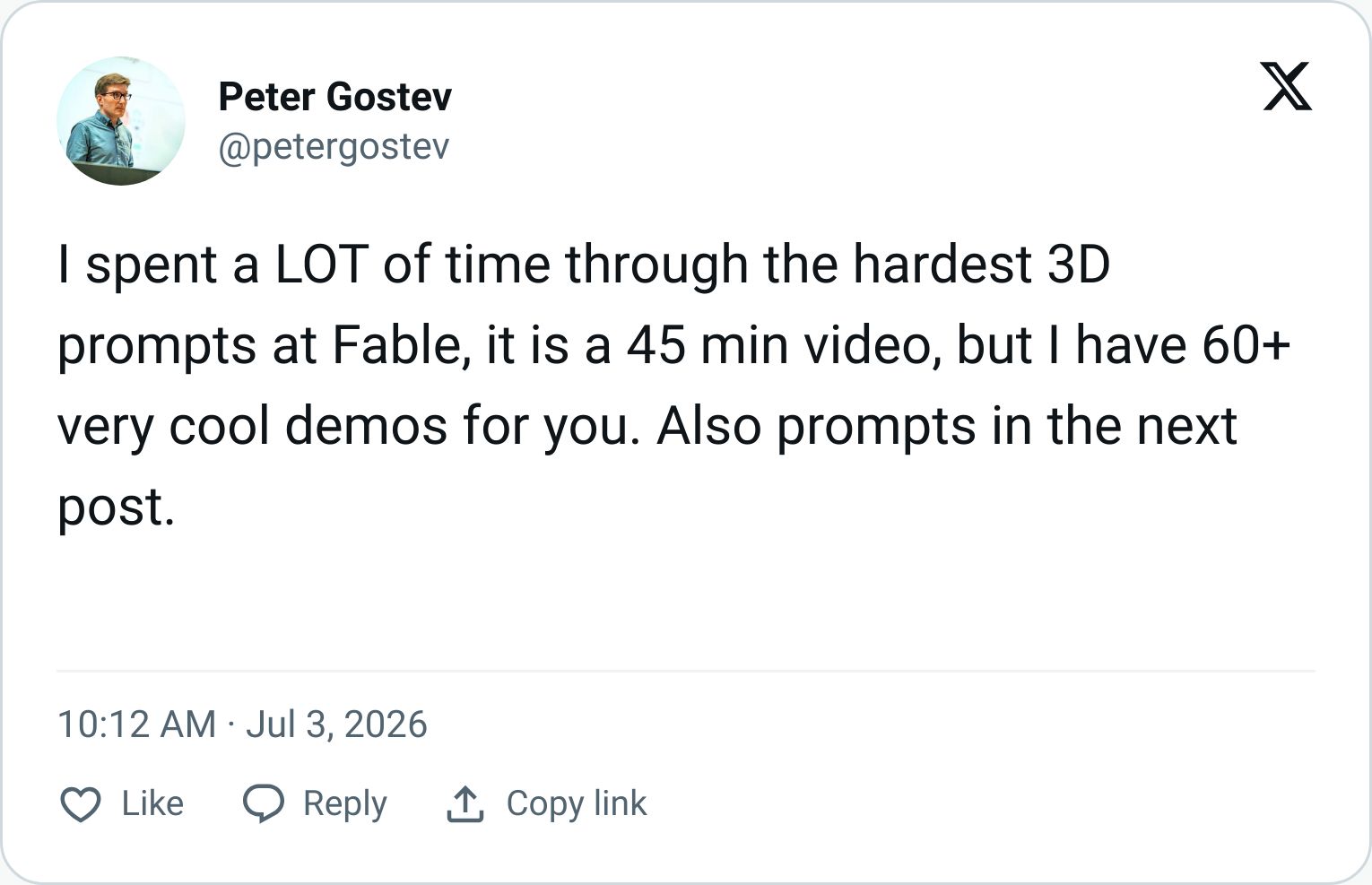Peter Gostev tweet sharing a 3D prompt collection