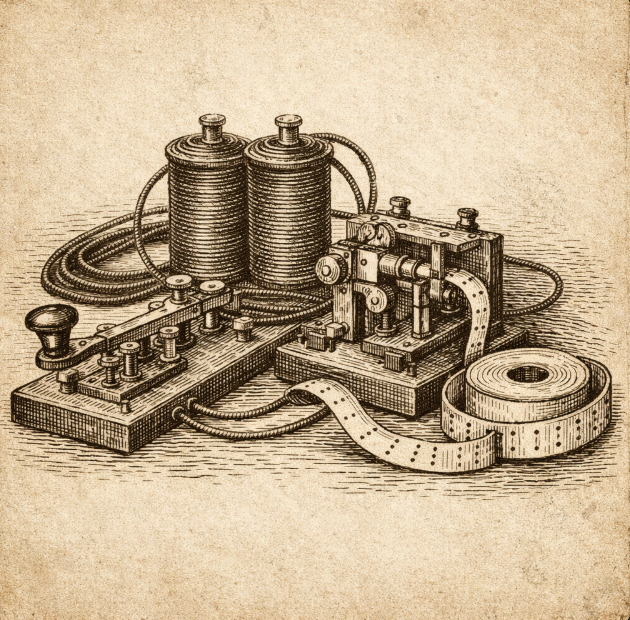 Vintage electrical telegraph apparatus with brass keys, coils, and paper tape, no people or text