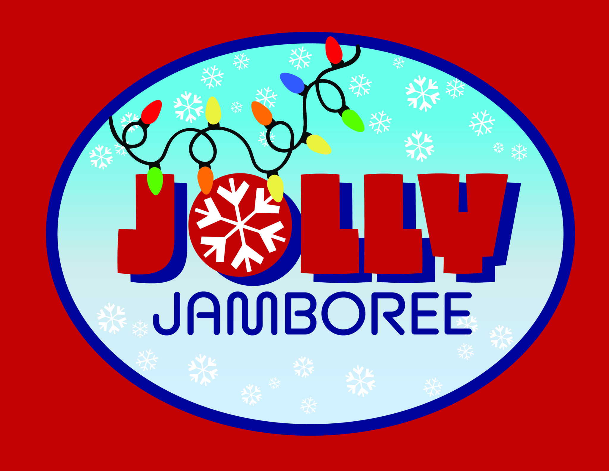 Official Jolly Jamboree artwork with holiday lights and snowflakes