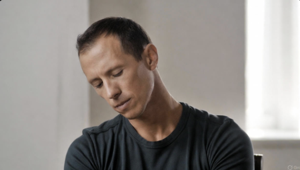 A man doing a gentle chin-to-chest neck stretch with relaxed shoulders