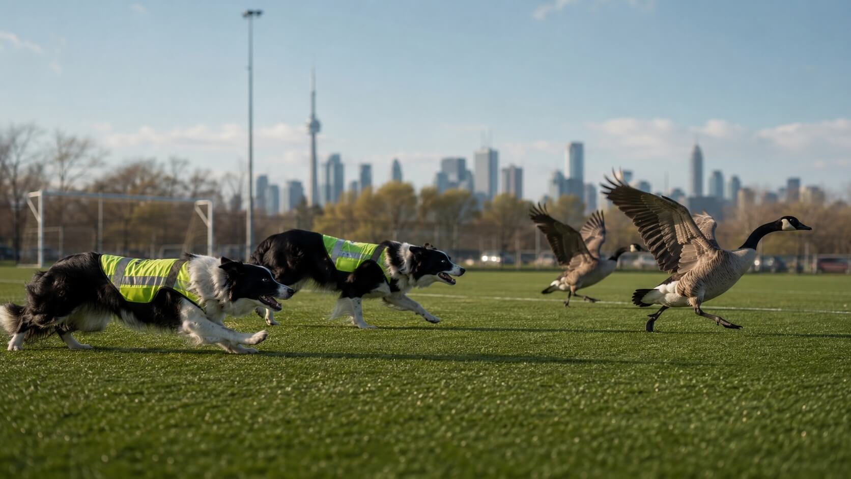 Two border collies wearing high-visibility vests herd Canada geese across a soccer training field with the Toronto skyline in the background.