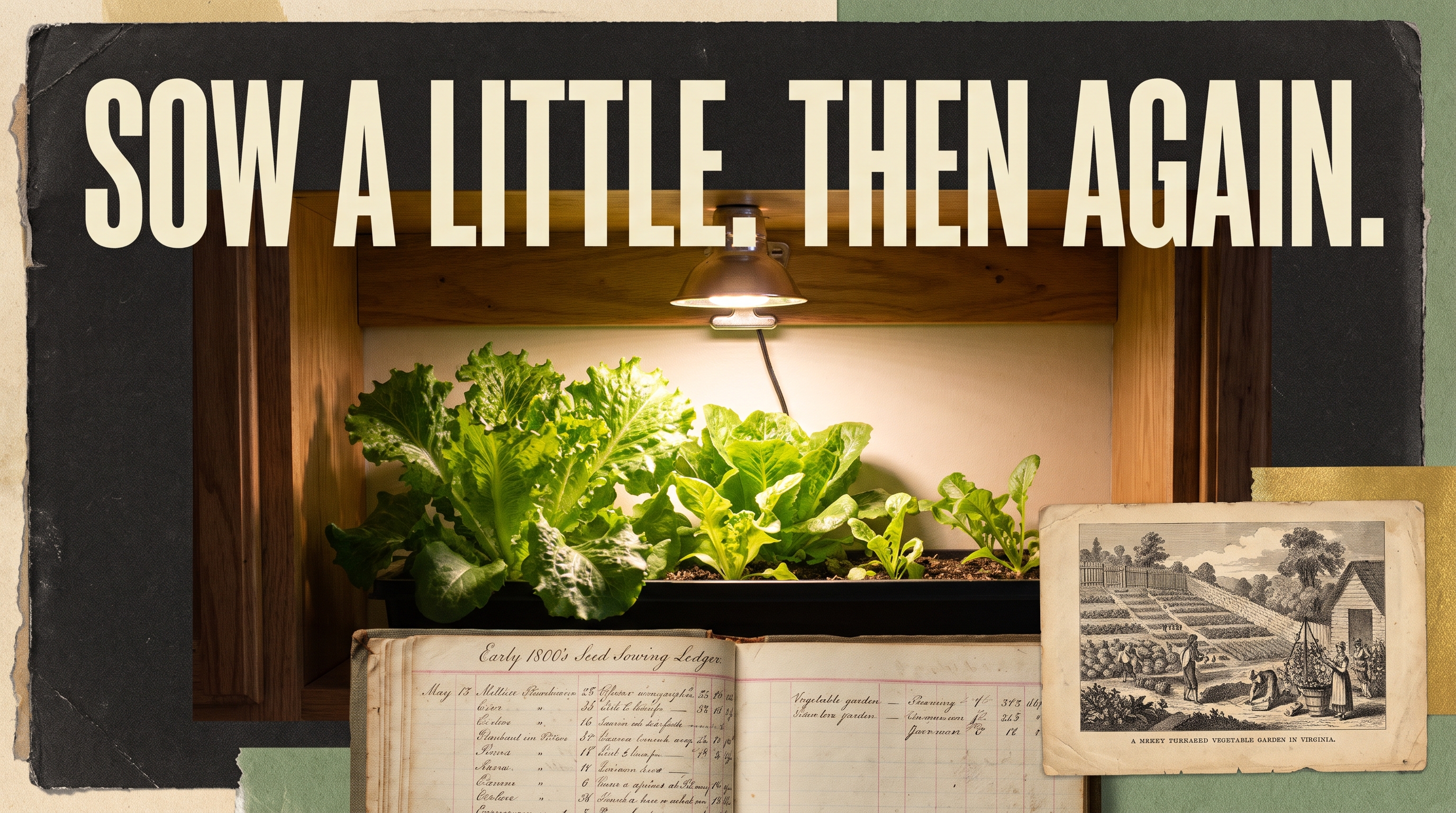 Illustrative documentary collage: Healthy loose-leaf lettuce on an indoor kitchen shelf under a small clamp grow light, paired with a faded early-1800s seed-sowing ledger and small illustration of a Virginia vegetable terrace. Two small batches visibly different ages.