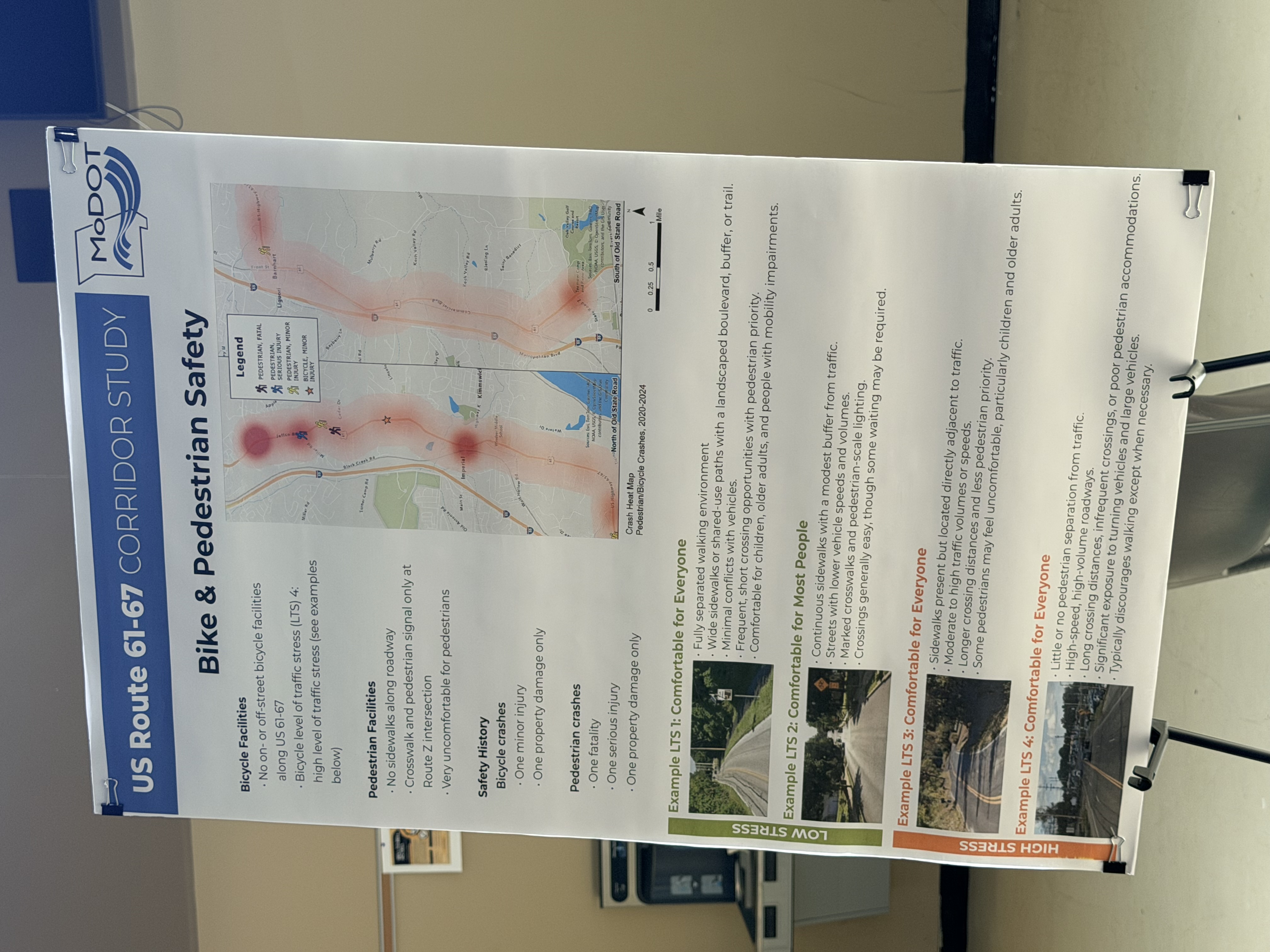 MoDOT display explaining bicycle and pedestrian safety conditions along Highway 61/67