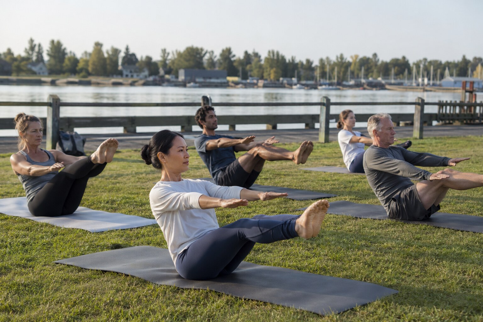 Adults doing Pilates on exercise mats beside the Ladner waterfront in early morning light