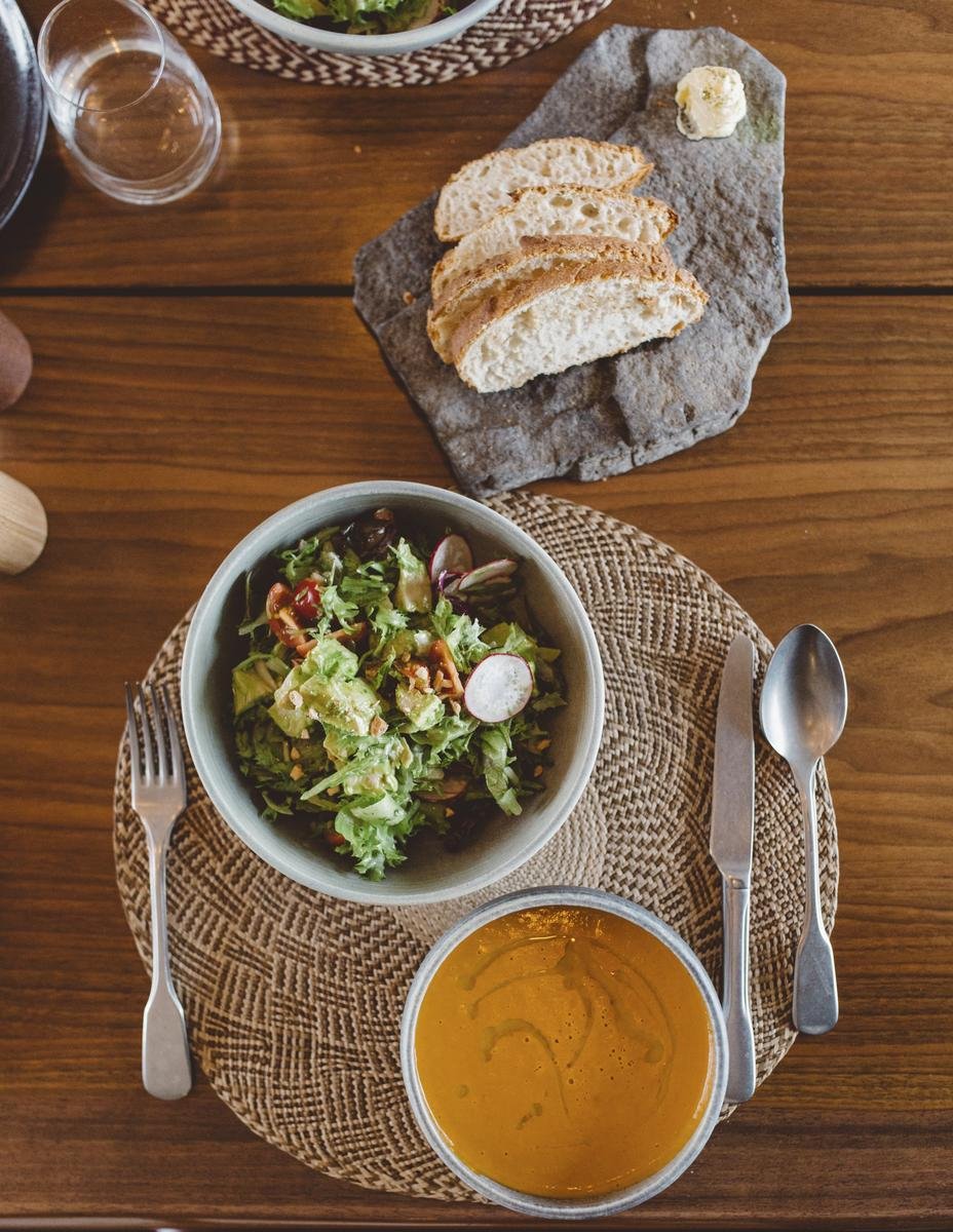 Soup, salad and bread served at Deplar Farm