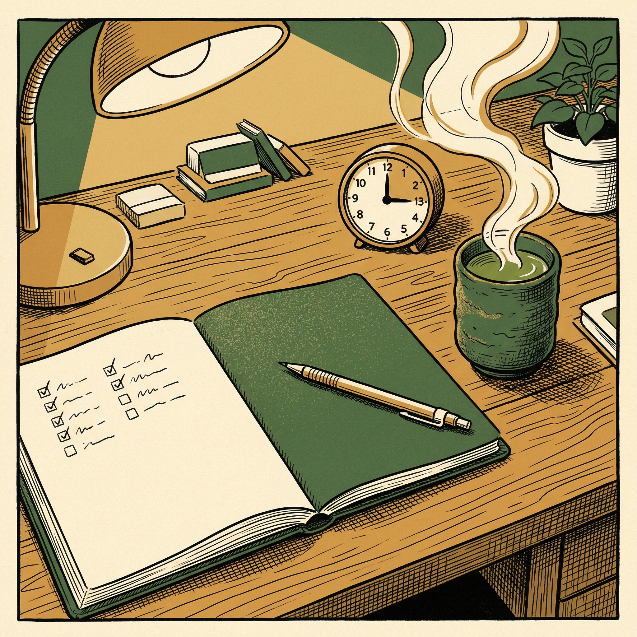 Warm study desk scene with notebook and tea