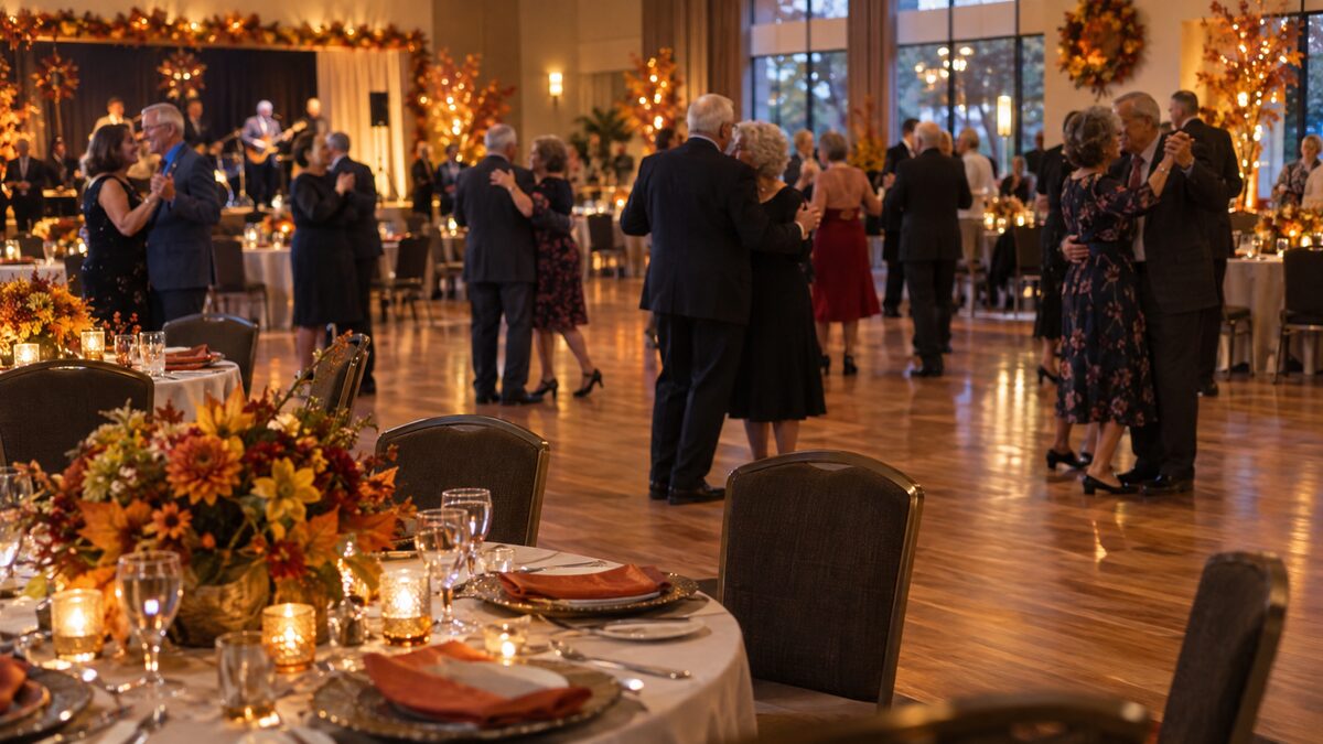 Photorealistic editorial illustration of the Fall Splendour Dinner Dance in North Delta