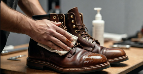 Applying conditioner to leather work boots