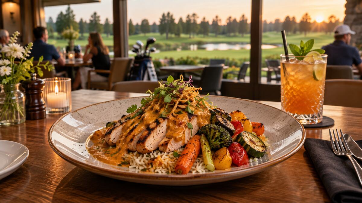 Indo-Western dinner and a craft drink overlooking a Delta golf course