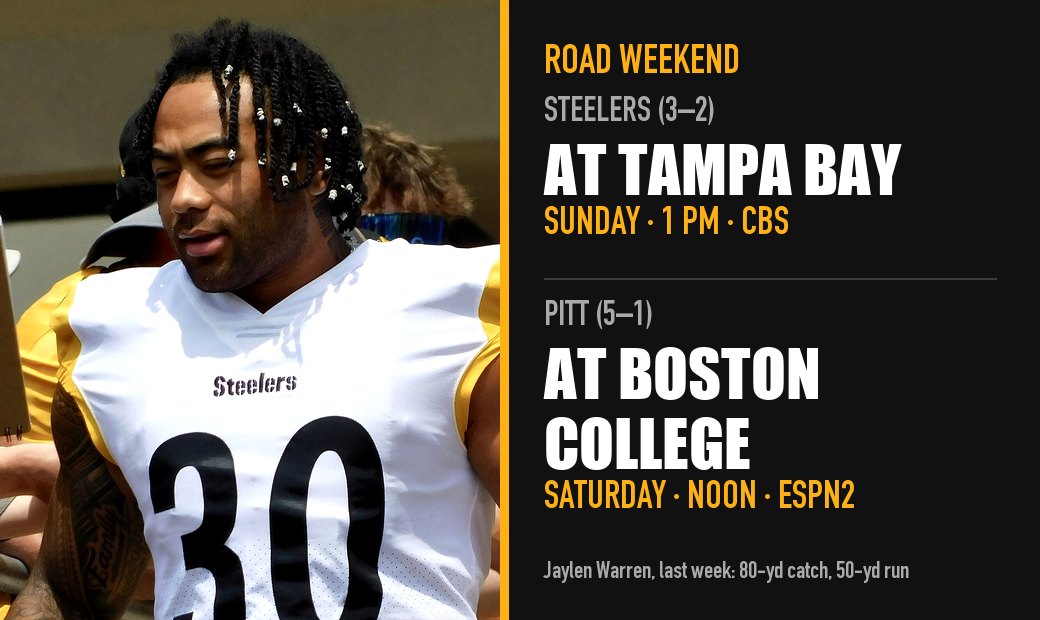 Jaylen Warren in a white Steelers No. 30 jersey beside the weekend schedule: Steelers at Tampa Bay Sunday at 1 on CBS, Pitt at Boston College Saturday at noon on ESPN2