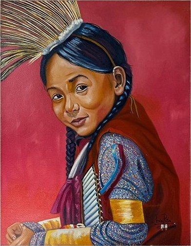 Portrait of a young girl dressed in traditional costume with a feathered headdress, against a red background