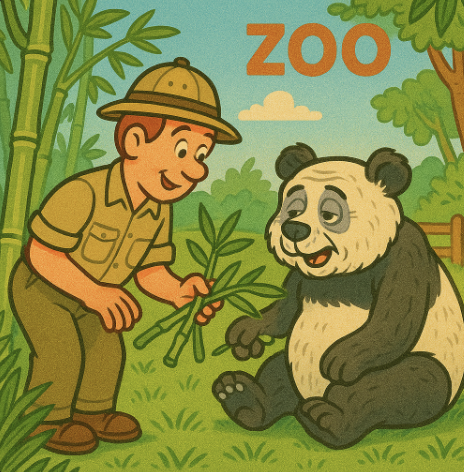 A zookeeper feeding bamboo to an aging panda in a lush zoo enclosure