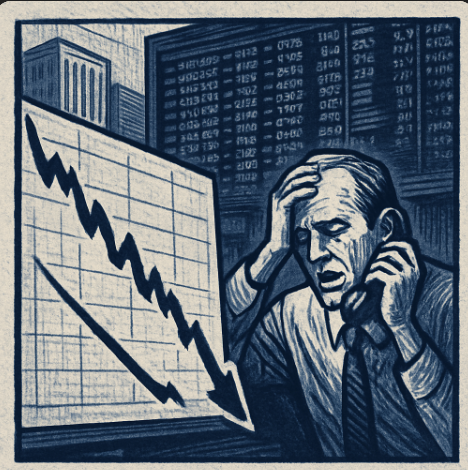 A dramatic close-up of a Wall Street trading floor with screens showing red numbers and falling bond prices, tense traders in the background, evoking urgency and financial strain.