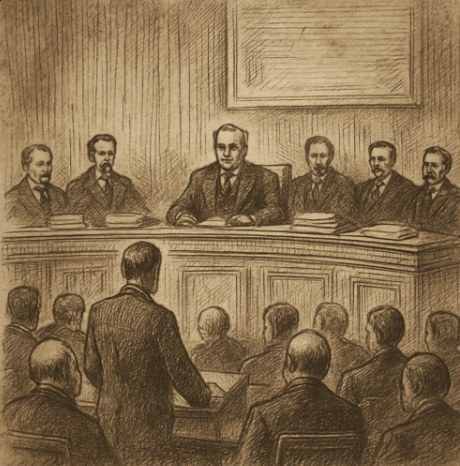 Sepia sketch of early 20th‑century commission hearing or regulatory body
