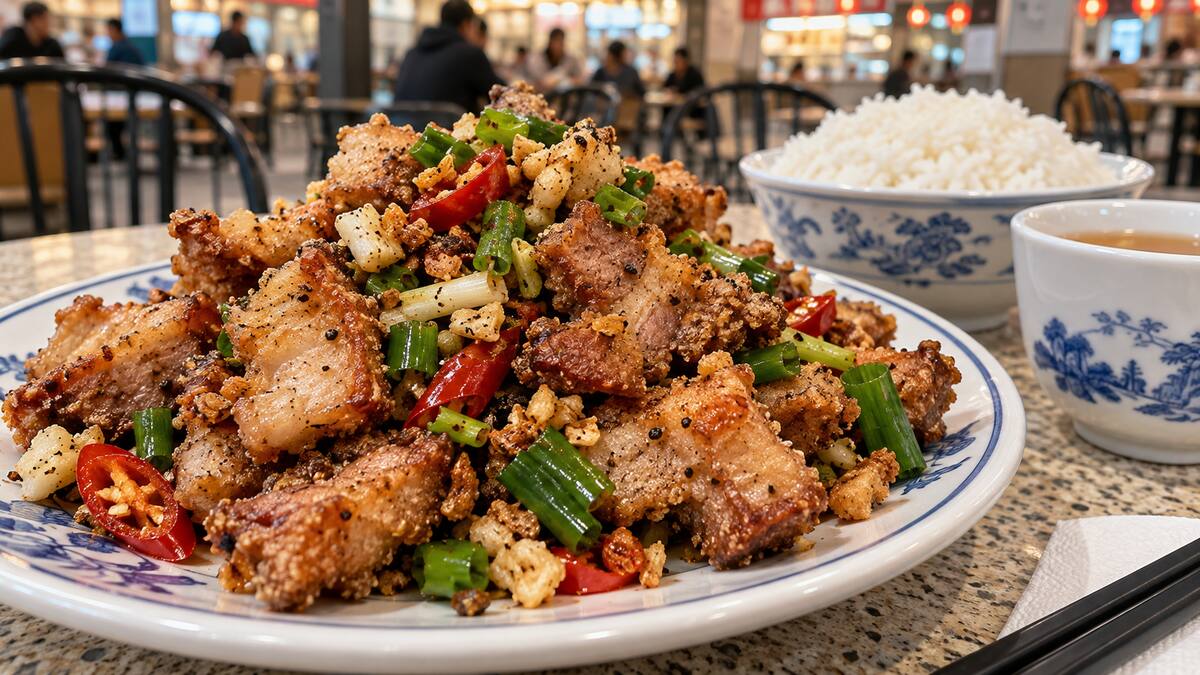 Crispy salt and pepper pork with garlic chilies and scallions in Richmond British Columbia