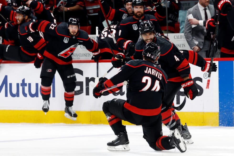 Seth Jarvis celebrating overtime goal for Carolina Hurricanes in Stanley Cup Final Game 2 2026