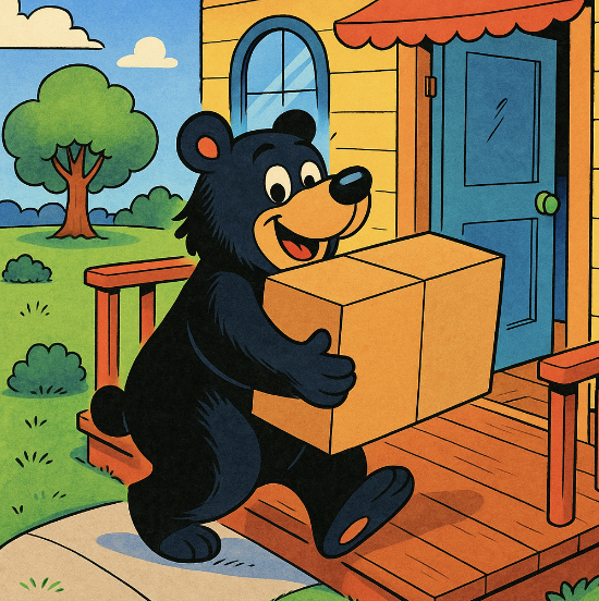 A curious black bear holding a package
