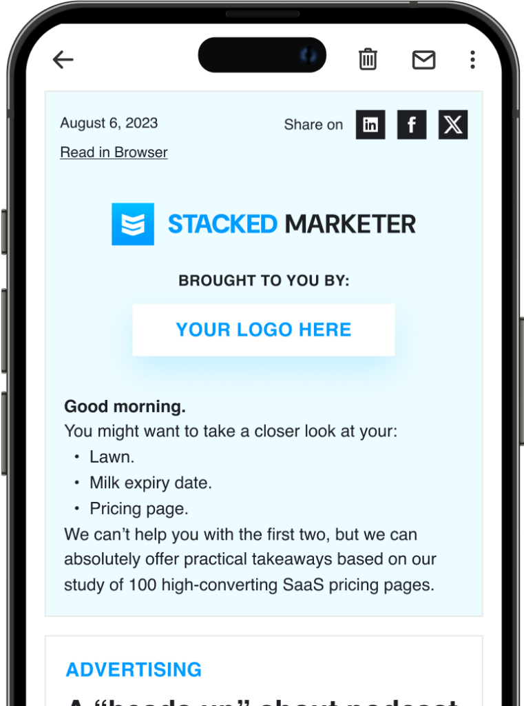 A STACKED MARKETER issue with a sponsor logo in the header, on a phone