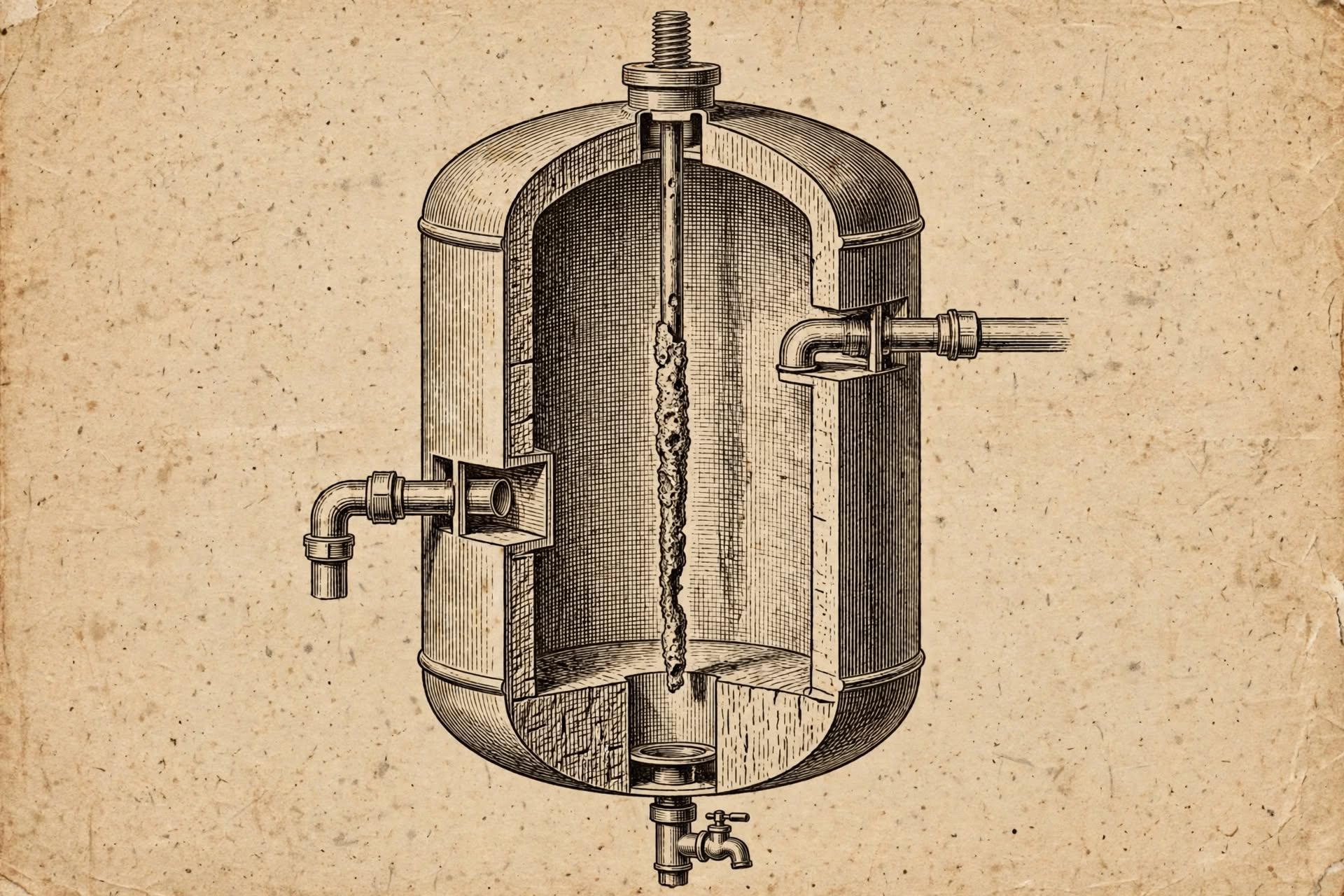 An engraved cutaway drawing of a domestic hot water tank, showing a long sacrificial anode rod hanging from a threaded plug in the top and eaten away along its length.