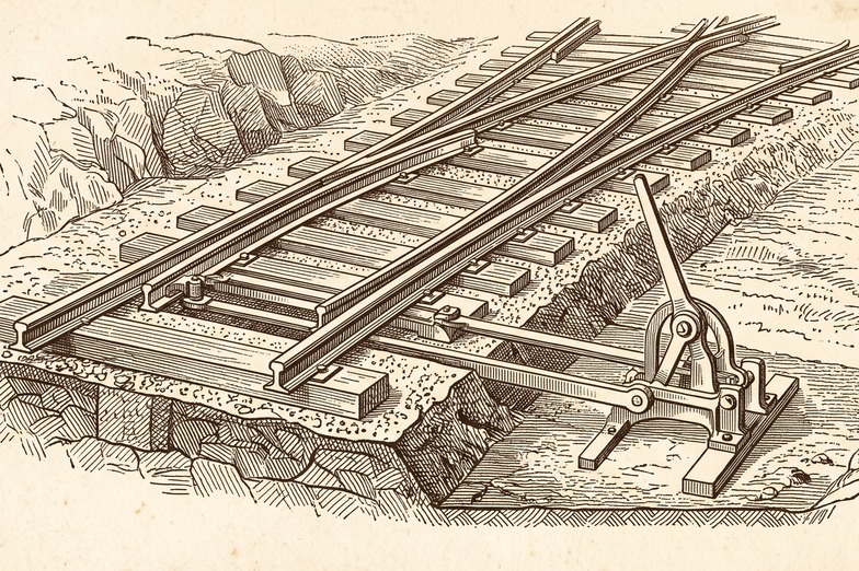 Engraving of a railway switch: one track dividing into two, with the throw lever.